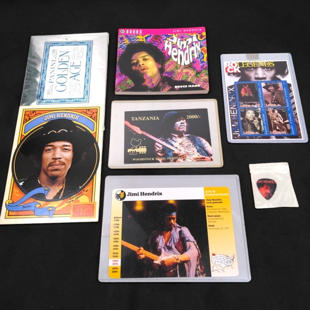 VTG Jimi Hendrix Memorabilia Collector Lot Panini Card Stamp Book Guitar Pick